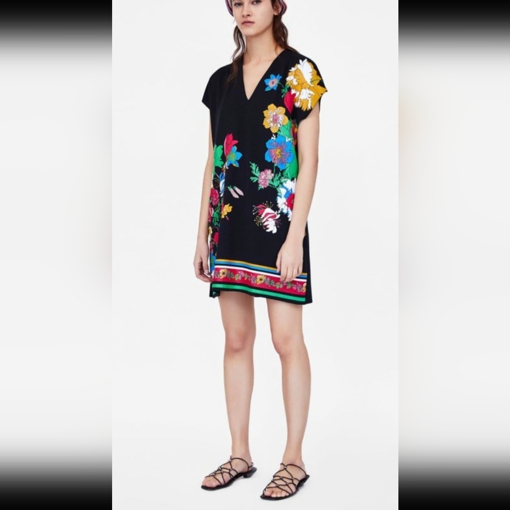 Zara Bold Floral Printed Tunic Dress Boho Cap Sleeves - Picture 10 of 14